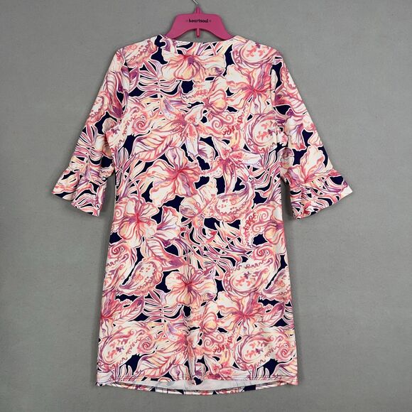 Aryeh Dress Womens Large Pink Navy Floral Bell Sleeve Boho Tunic Hawaiian Vacay - Picture 5 of 11